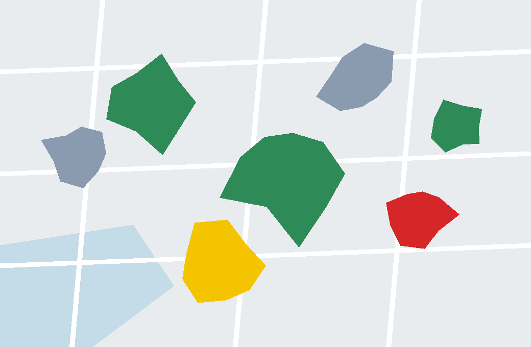 Schematische weergave van vlakken op de kaart in vier kleuren: groen, geel, rood en grijs